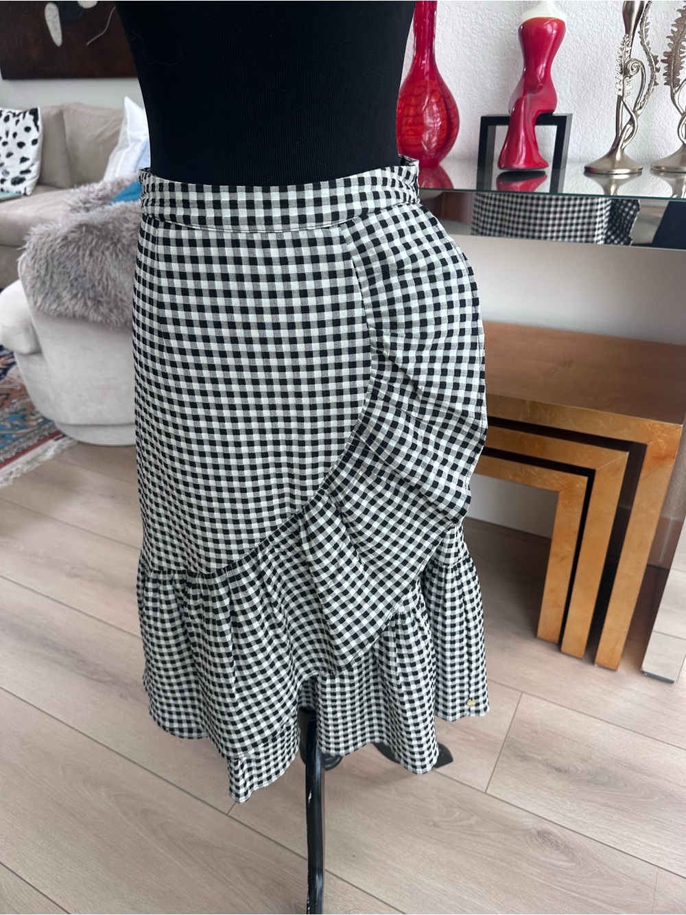 Scotch & Soda Black and White Gingham Wrap Midi Skirt